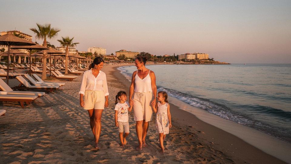 Parents and two children walking a resort beach at sunset with sun loungers behind them